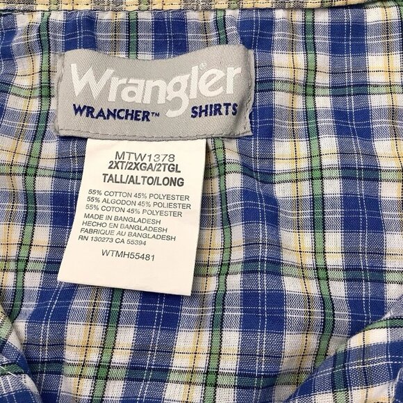 Wrangler Wrancher Pearl Snap Short Sleeve Blue Plaid Shirt Mens Size 2XT - Picture 7 of 11